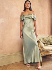 Nobody's Child Green Gaia Satin Cold Shoulder Maxi Dress - Image 1 of 3