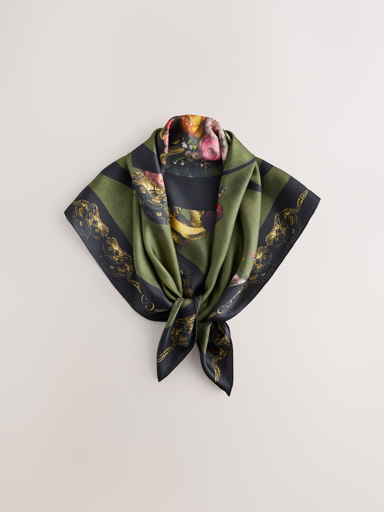 Green Majestic Floral Print - CERENE Large Square Scarf - Imaginea 2 din 7