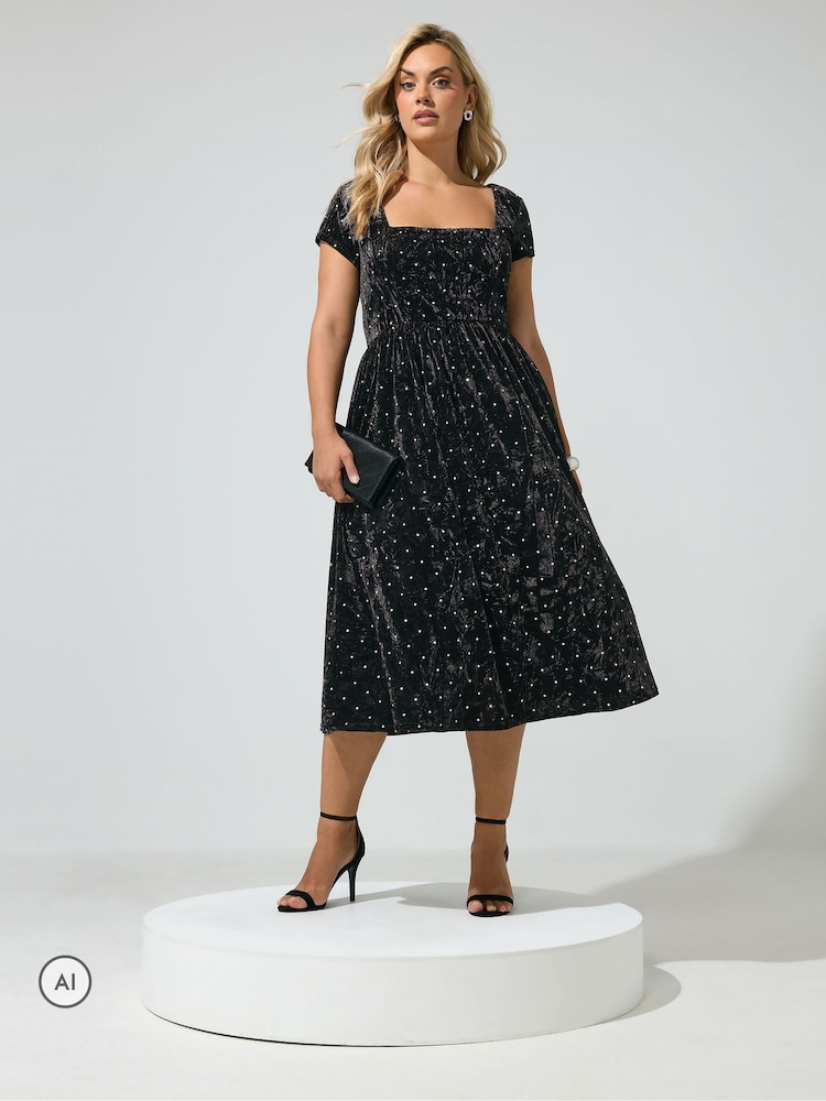 Yours Curve Black London Crushed Velvet Glitter Skater Dress - Image 1 of 6 Yours Curve Black London Crushed Velvet Glitter Skater Dress - Image 1 of 6