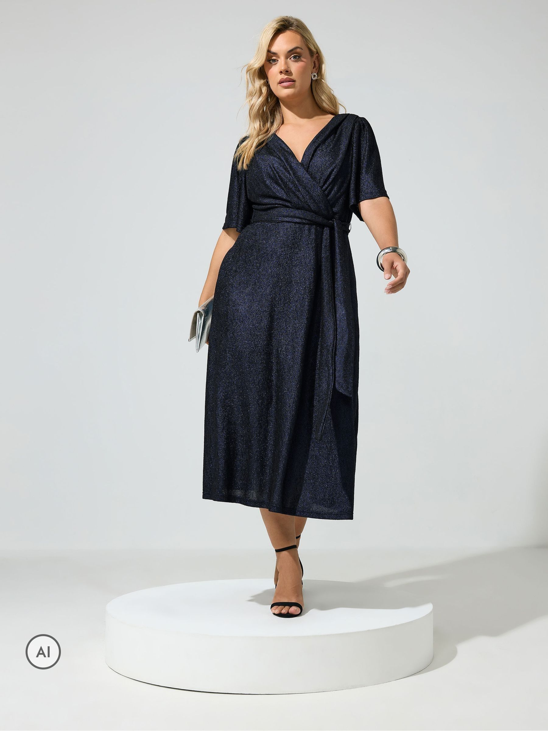 Yours Women's Dark Navy Metallic Wrap Dress In | : 26/28 - Image 1