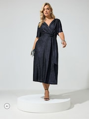Yours Curve Blue London Metallic Wrap Dress - Image 1 of 6