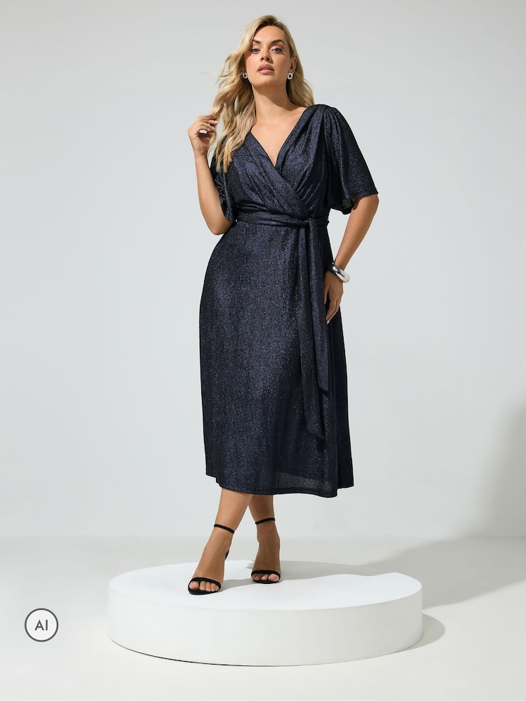 Yours Curve Blue London Metallic Wrap Dress - Image 2 of 6