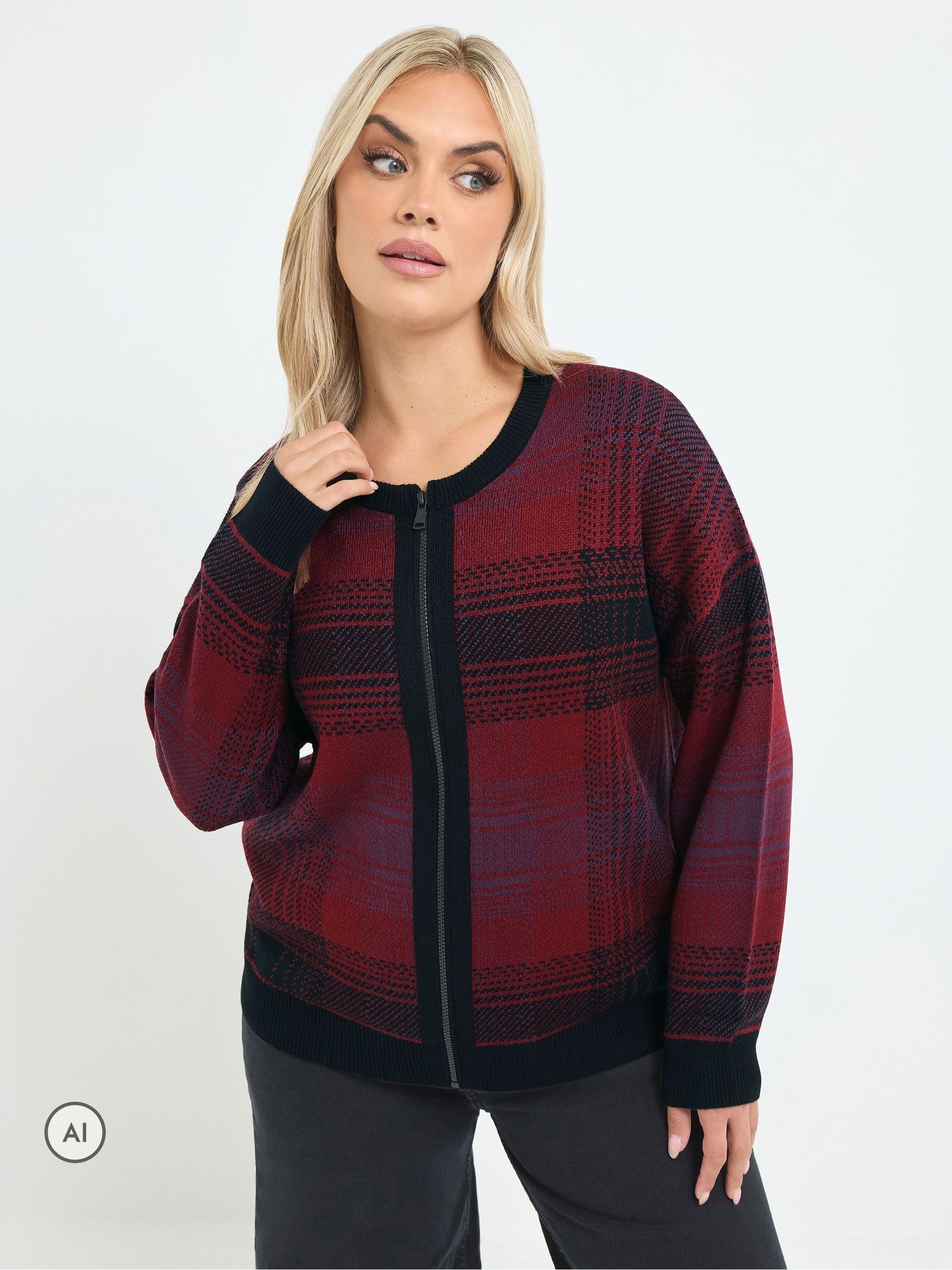 Yours Curve Women's Red Limited Checked Zip Through Cardigan - Image 3