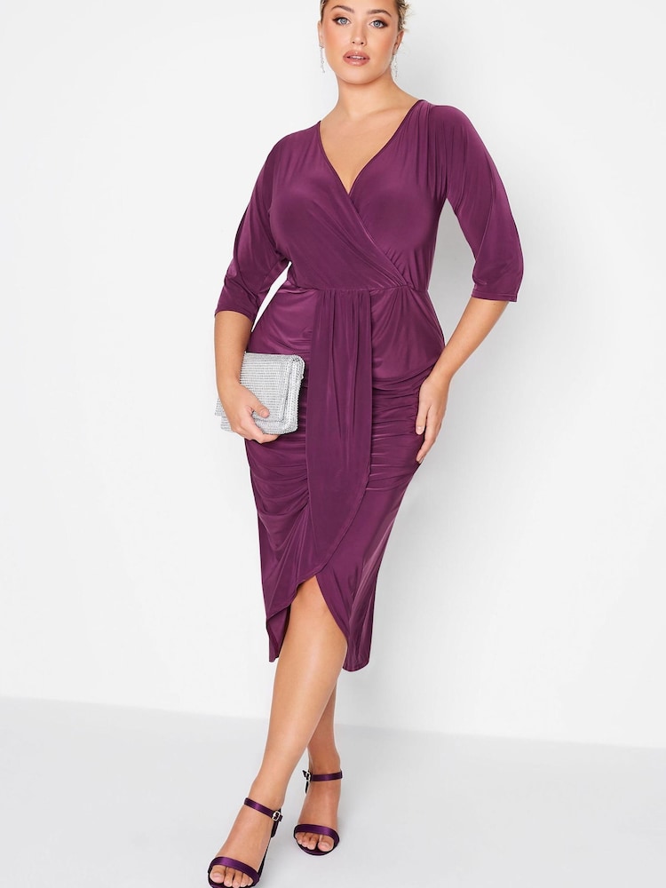 Yours Curve Purple London Ruffle Front Body Con Dress - Image 1 of 4 Yours Curve Purple London Ruffle Front Body Con Dress - Image 1 of 4