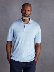 Blue Linen Blend Knitted Polo Shirt - Image 1 of 5