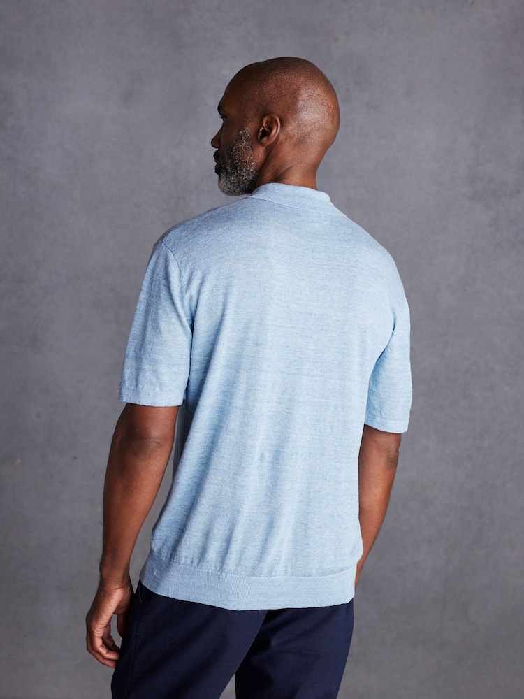 Blue Linen Blend Knitted Polo Shirt - Image 2 of 5