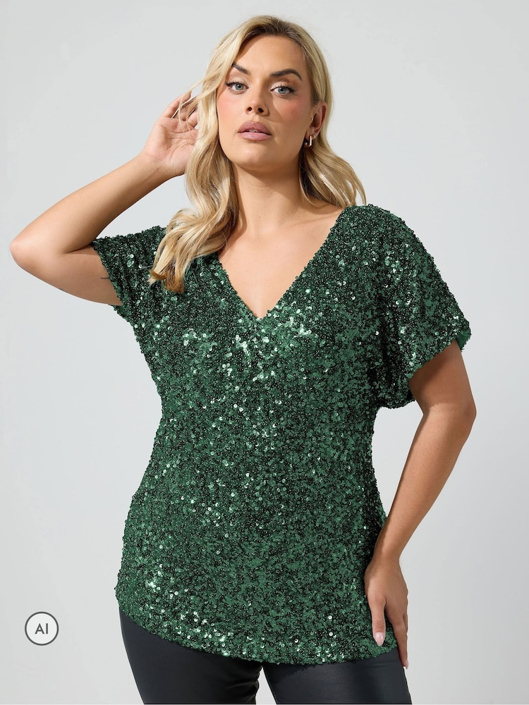 Yours Curve Green London Sequin Top - Image 1 of 4 Yours Curve Green London Sequin Top - Image 1 of 4