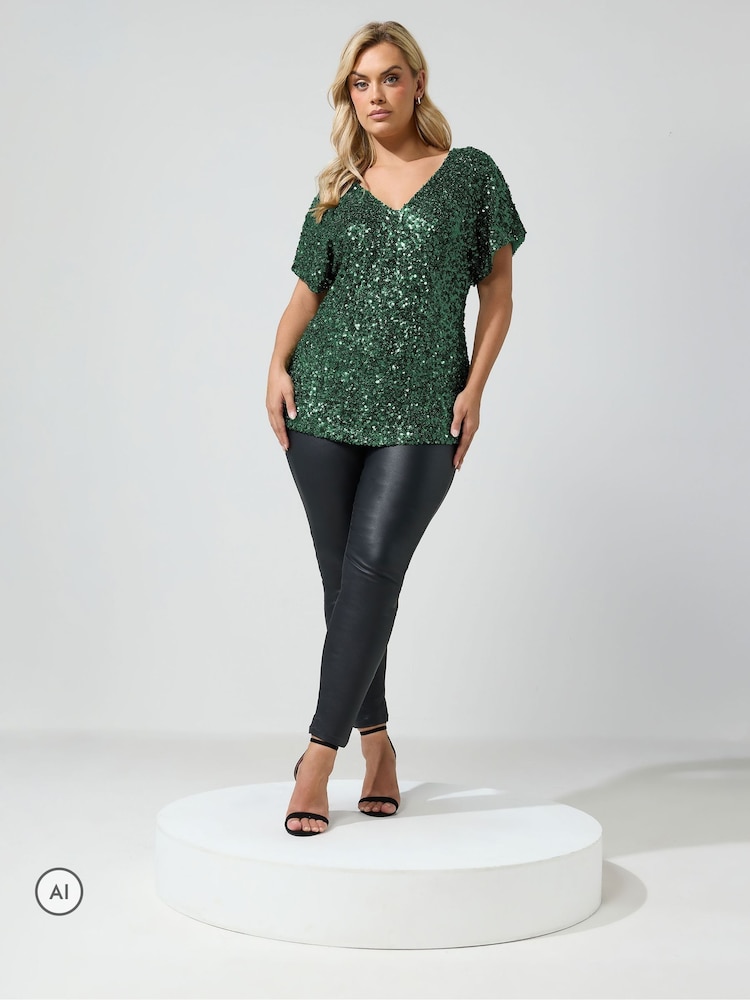 Yours Curve Green London Sequin Top - Image 2 of 4 Yours Curve Green London Sequin Top - Image 2 of 4
