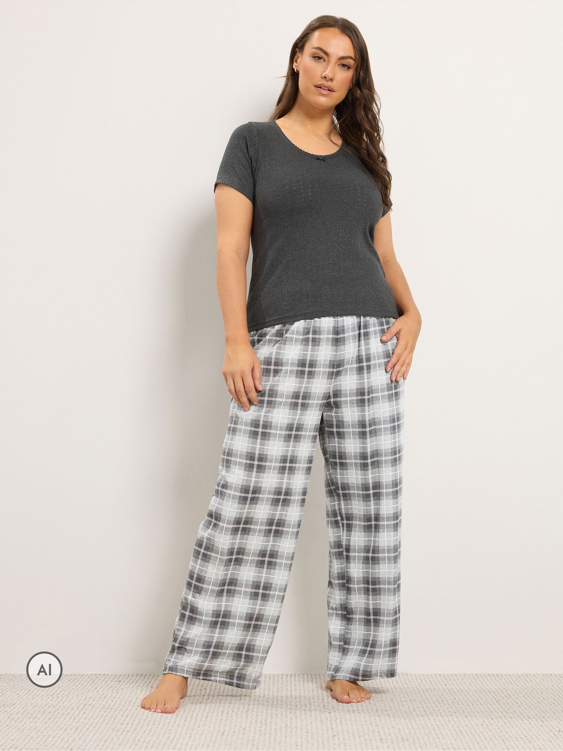 Yours Women's Pointelle Checked Extra Wide Leg Pyjama Set in Grey | Size: 38-40 - Image 3