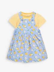 JoJo Maman Bébé Blue Girls' 2-Piece Lemon Floral Dungaree Dress Set - Image 1 of 5