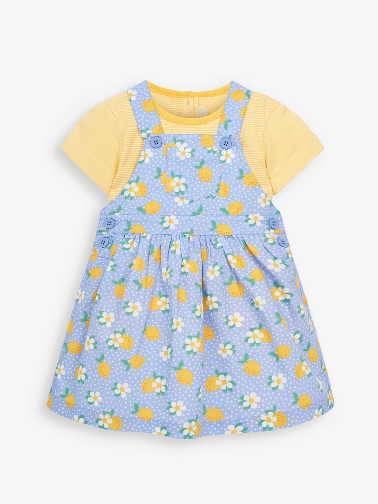 JoJo Maman Bébé Blue Girls' 2-Piece Lemon Floral Dungaree Dress Set - Image 1 of 5