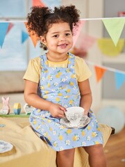 JoJo Maman Bébé Blue Girls' 2-Piece Lemon Floral Dungaree Dress Set - Image 4 of 5