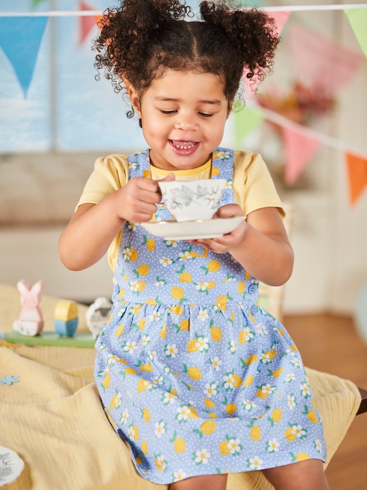 JoJo Maman Bébé Blue Girls' 2-Piece Lemon Floral Dungaree Dress Set - Image 5 of 5