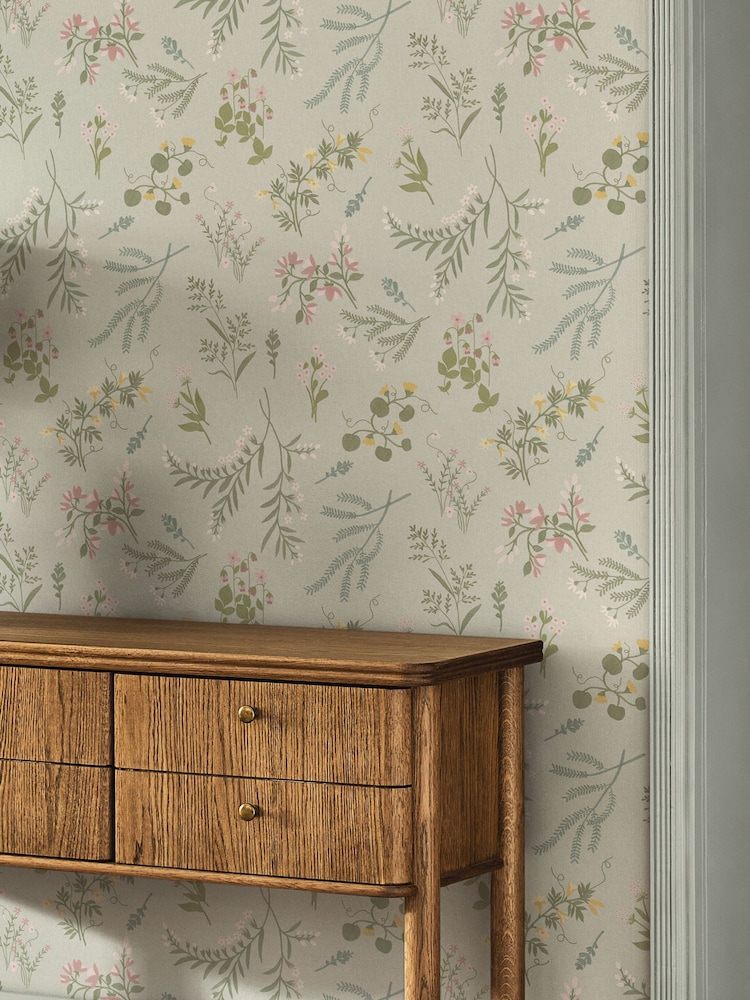 Saga Green Stitch Floral 10M Wallpaper - Image 1 of 5 Saga Green Stitch Floral 10M Wallpaper - Image 1 of 5