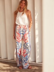 White/Blue/Red Wide Leg Linen Blend Trouser - Image 1 of 5