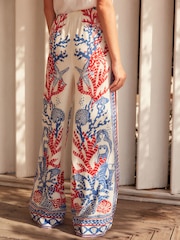 White/Blue/Red Wide Leg Linen Blend Trouser - Image 4 of 5