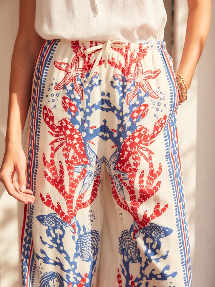 White/Blue/Red Wide Leg Linen Blend Trouser - Image 5 of 5