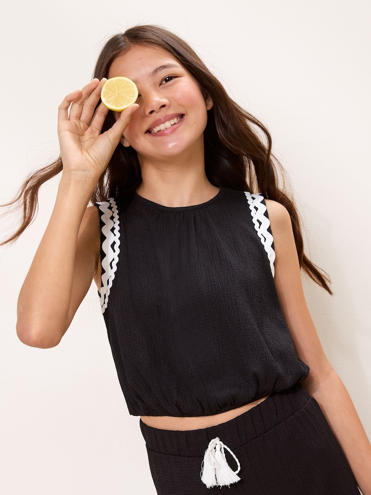 Lipsy Black Contrast Trim Bubble Hem Holiday Top (5-16yrs) - Image 1 of 4