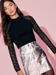 Lipsy Black Glitter Mesh Party Top (7-16yrs) - Image 5 of 6