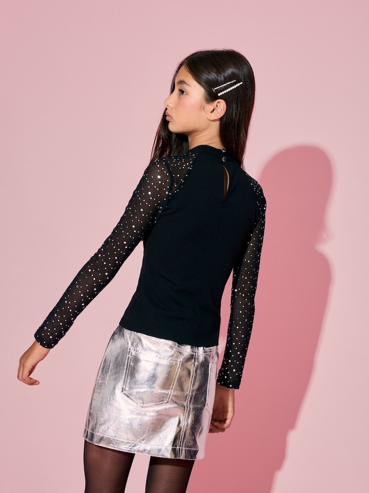 Lipsy Black Glitter Mesh Party Top (7-16yrs) - Image 6 of 6