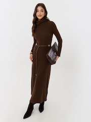 Threadbare Brown Ribbed Roll Neck Maxi Dress with Belt - Image 1 of 4
