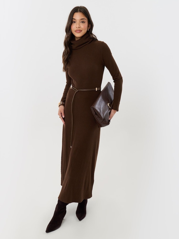 Threadbare Brown Ribbed Roll Neck Maxi Dress with Belt - Image 1 of 4 Threadbare Brown Ribbed Roll Neck Maxi Dress with Belt - Image 1 of 4