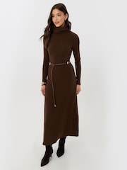 Threadbare Brown Ribbed Roll Neck Maxi Dress with Belt - Image 3 of 4