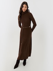 Threadbare Brown Ribbed Roll Neck Maxi Dress with Belt - Image 4 of 4