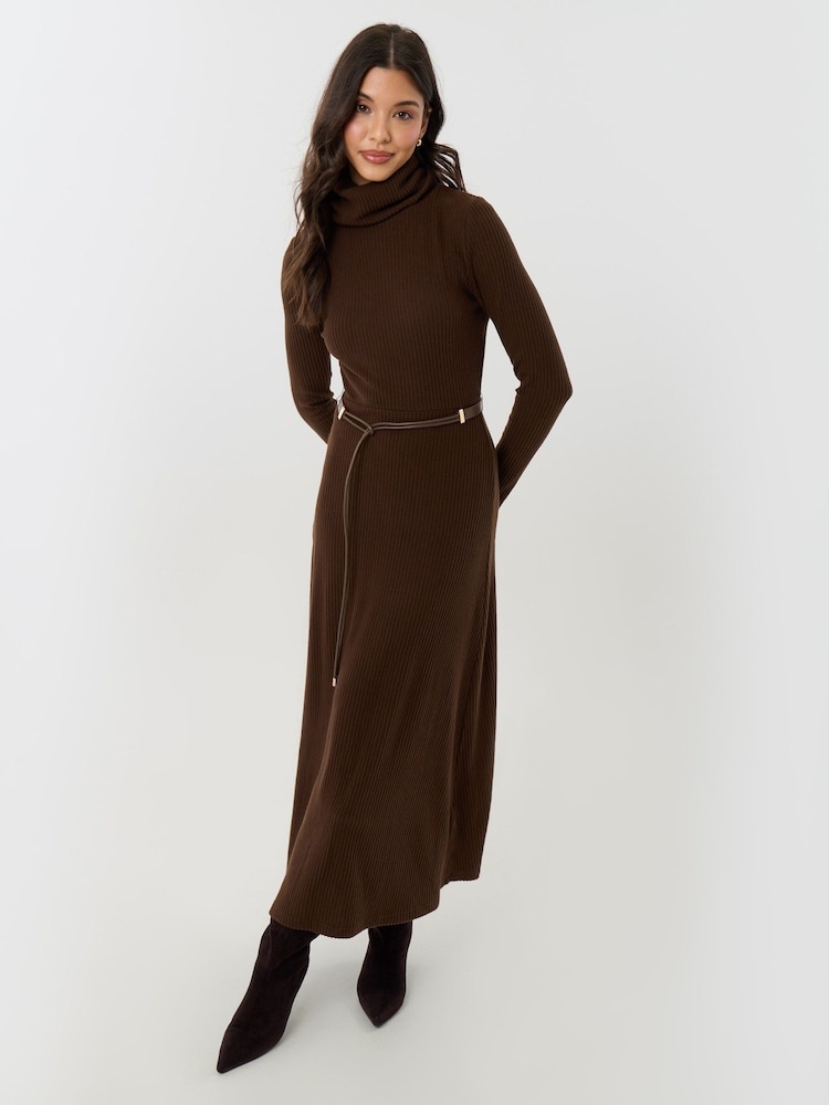 Threadbare Brown Ribbed Roll Neck Maxi Dress with Belt - Image 4 of 4 Threadbare Brown Ribbed Roll Neck Maxi Dress with Belt - Image 4 of 4