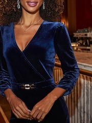 Sosandar Blue Velvet Wrap Jumpsuit - Image 3 of 5