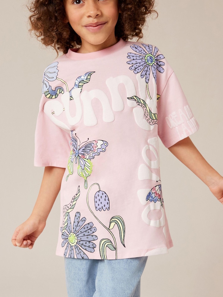 Pink Oversized Embellished Graphic T-Shirt (3-16yrs) - Image 1 of 8