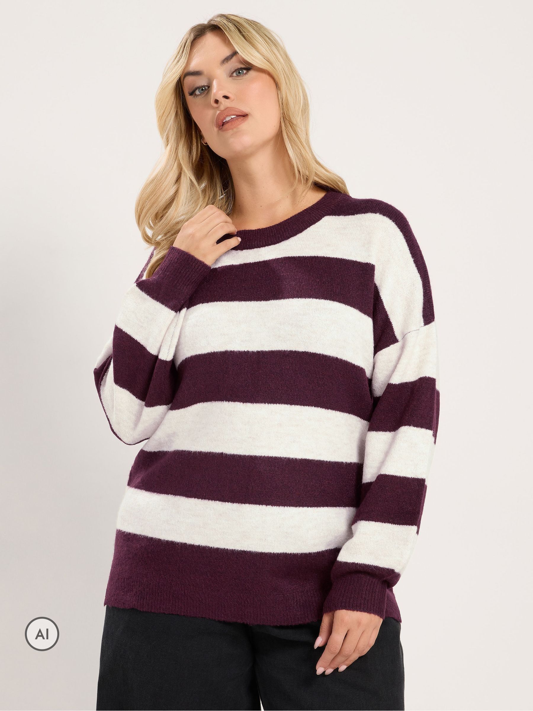 Yours Women's Burgundy Striped Knitted Jumper In | Size: 30/32 - Image 2