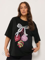 Yours Curve Black Sequin Baubles Relaxed T-Shirt - Image 1 of 6