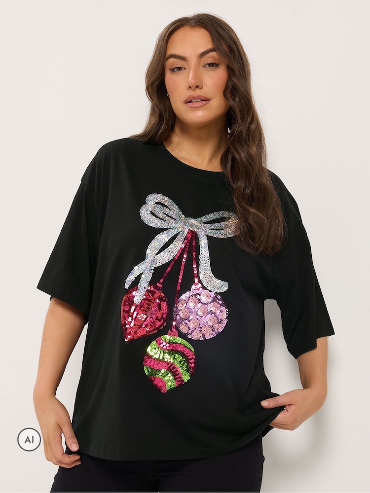 Yours Curve Black Sequin Baubles Relaxed T-Shirt - Image 1 of 6