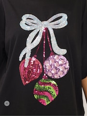 Yours Curve Black Sequin Baubles Relaxed T-Shirt - Image 4 of 6