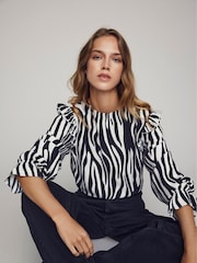 VILA Black & White Zebra Long Sleeve Printed Ruffle Top - Image 1 of 5