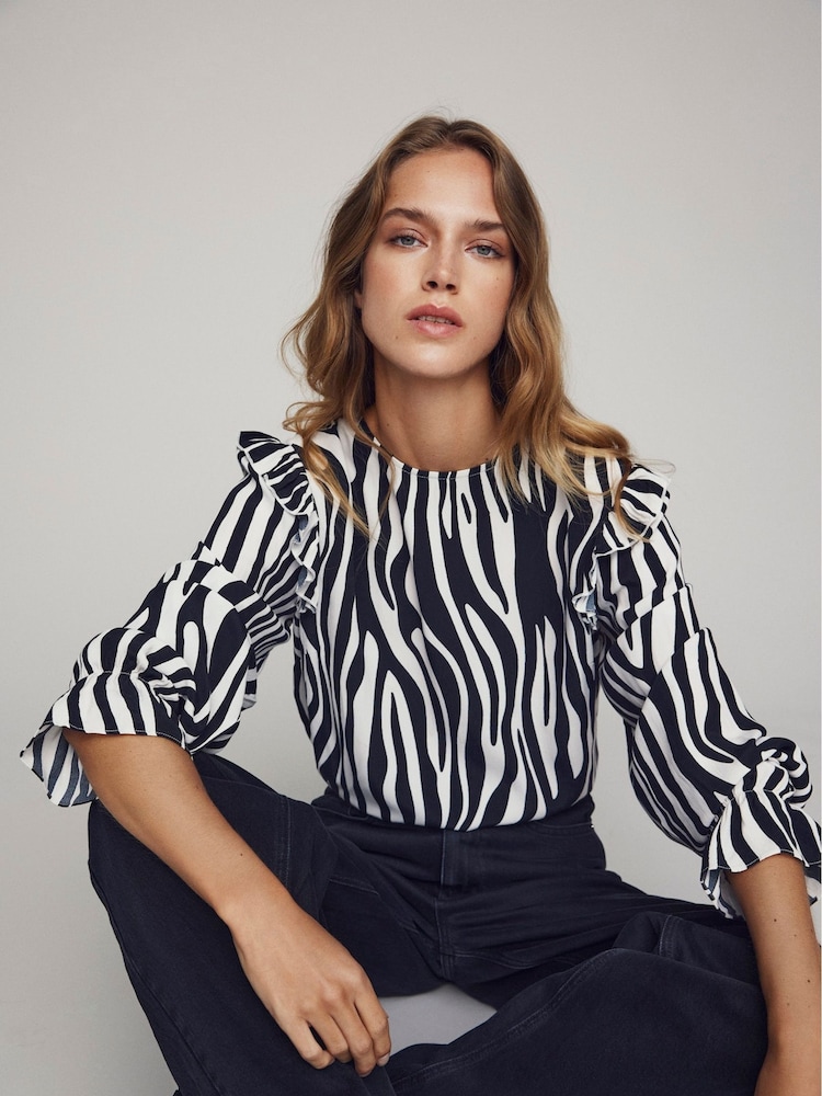 VILA Black & White Zebra Long Sleeve Printed Ruffle Top - Image 1 of 5