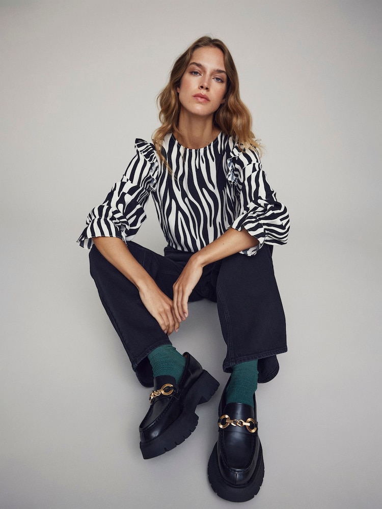 VILA Black & White Zebra Long Sleeve Printed Ruffle Top - Image 2 of 5