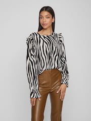 VILA Black & White Zebra Long Sleeve Printed Ruffle Top - Image 3 of 5