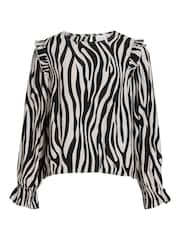 VILA Black & White Zebra Long Sleeve Printed Ruffle Top - Image 5 of 5