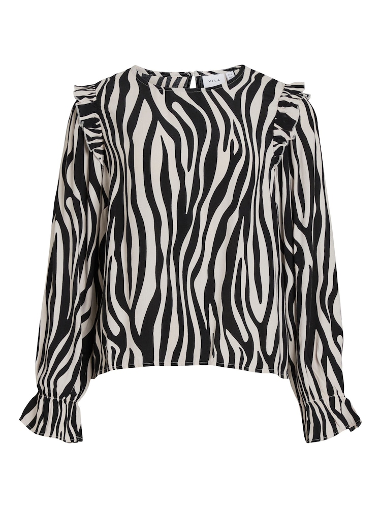 VILA Black & White Zebra Long Sleeve Printed Ruffle Top - Image 5 of 5