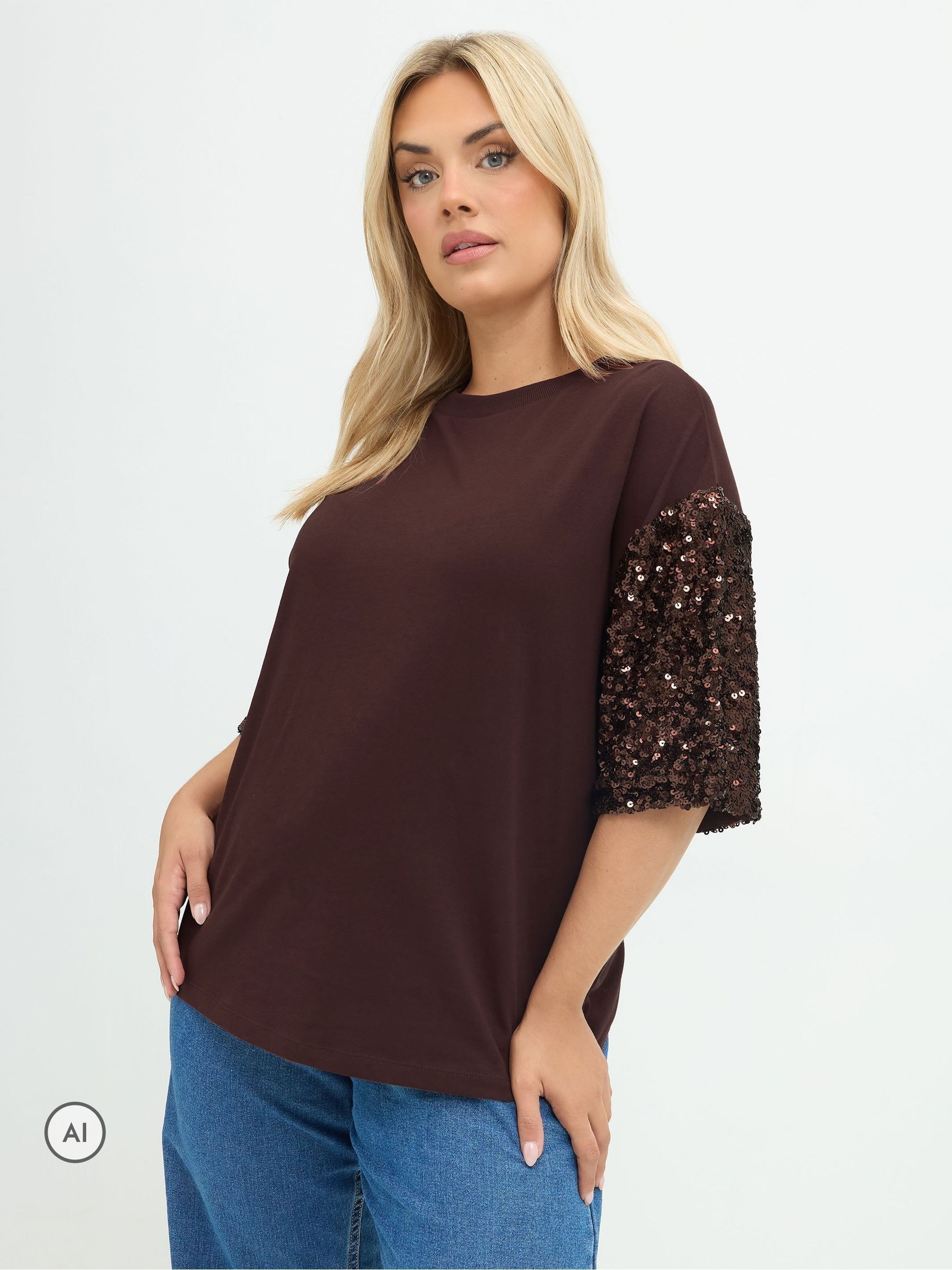 Yours Women's Chocolate Sequin Sleeve T-Shirt In | Size: 26/28 - Image 2