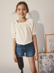 Bež - Bubble Teksturirani Bardot Crop Top (3-16let) - Slika 1 iz 8