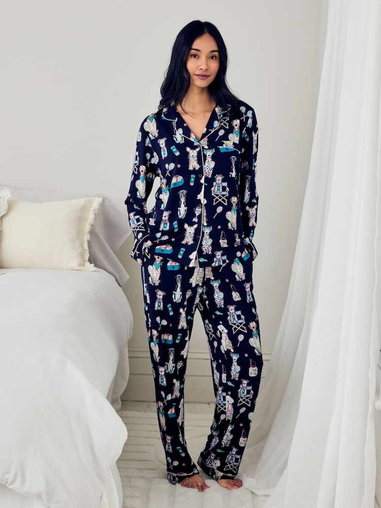 Chelsea Peers Blue Petite Tencel Modal Tennis Dogs Print Long Pyjamas Set - Image 1 of 5