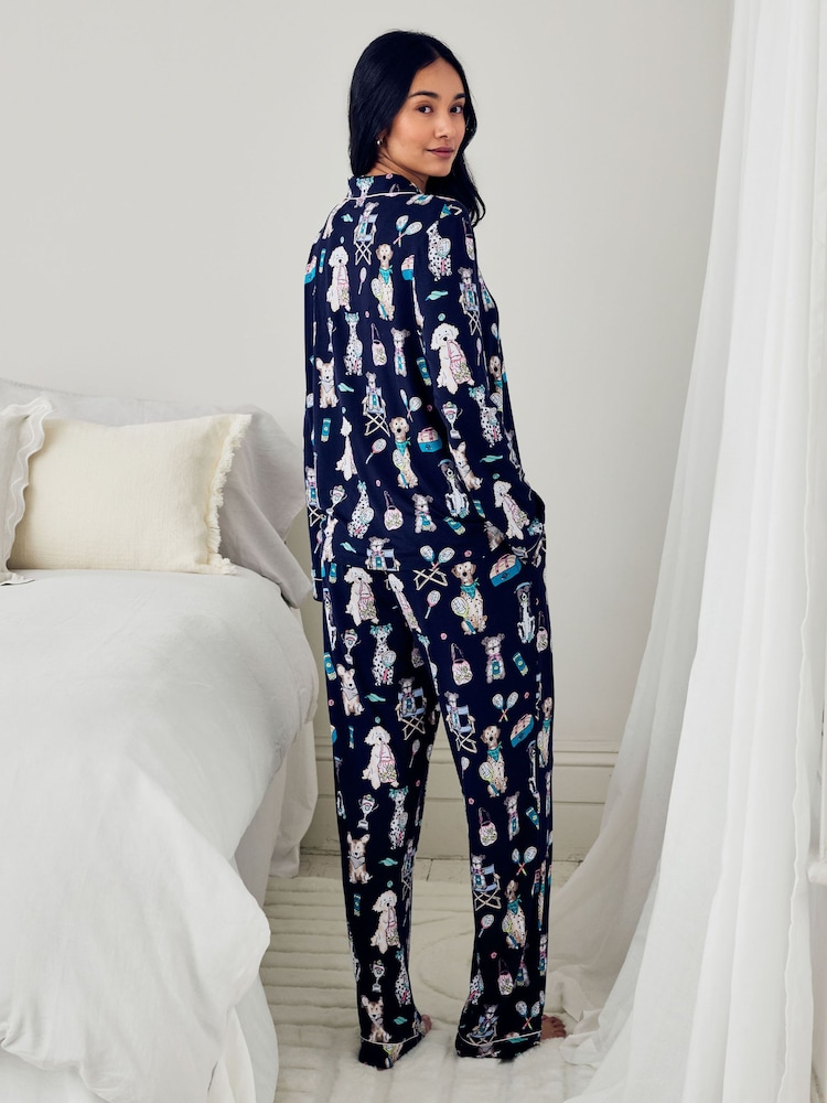 Chelsea Peers Blue Petite Tencel Modal Tennis Dogs Print Long Pyjamas Set - Image 2 of 5