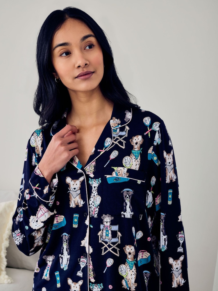 Chelsea Peers Blue Petite Tencel Modal Tennis Dogs Print Long Pyjamas Set - Image 5 of 5