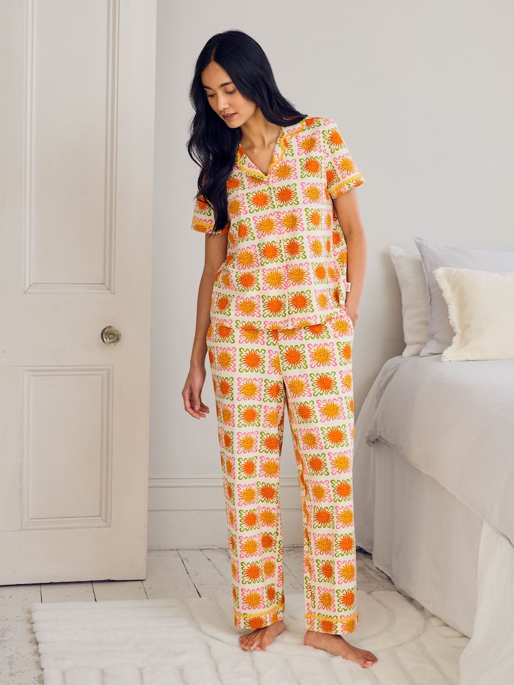 Chelsea Peers Natural Petite Sunshine Tile Print Long Pyjamas Set - Image 1 of 6