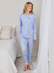 Chelsea Peers Blue Petite Dinosaur Print Long Pyjamas Set - Image 1 of 5
