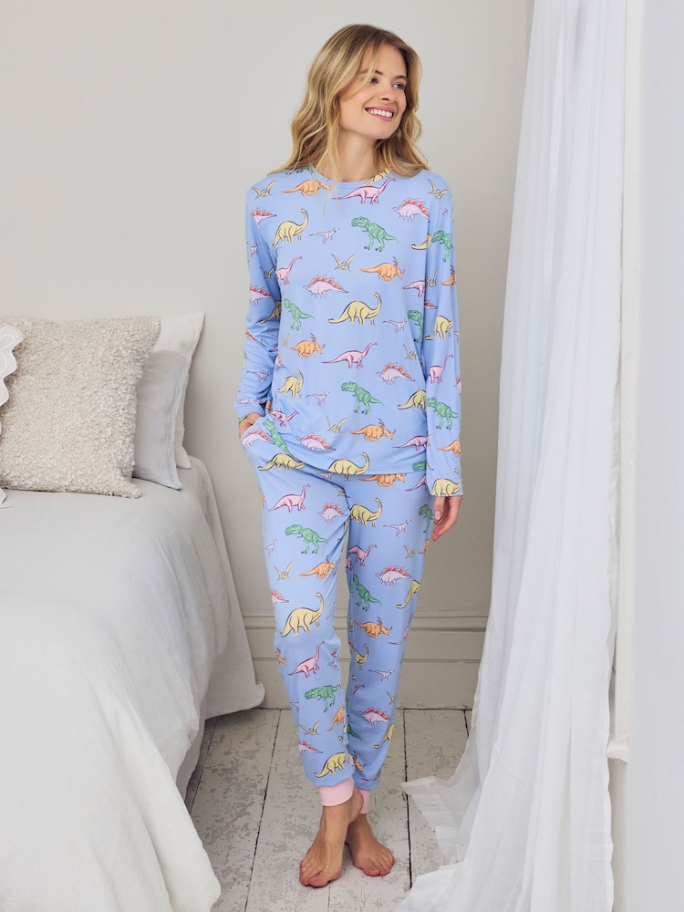 Chelsea Peers Blue Petite Dinosaur Print Long Pyjamas Set - Image 1 of 5 Chelsea Peers Blue Petite Dinosaur Print Long Pyjamas Set - Image 1 of 5