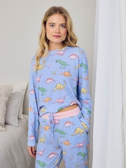 Chelsea Peers Blue Petite Dinosaur Print Long Pyjamas Set - Image 4 of 5